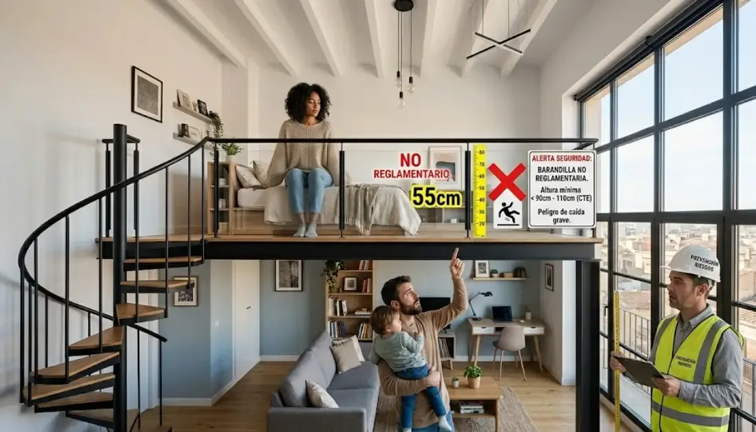 Fotografía mostrando un error común: altillo con barandilla demasiado baja, que no cumple la normativa de seguridad
