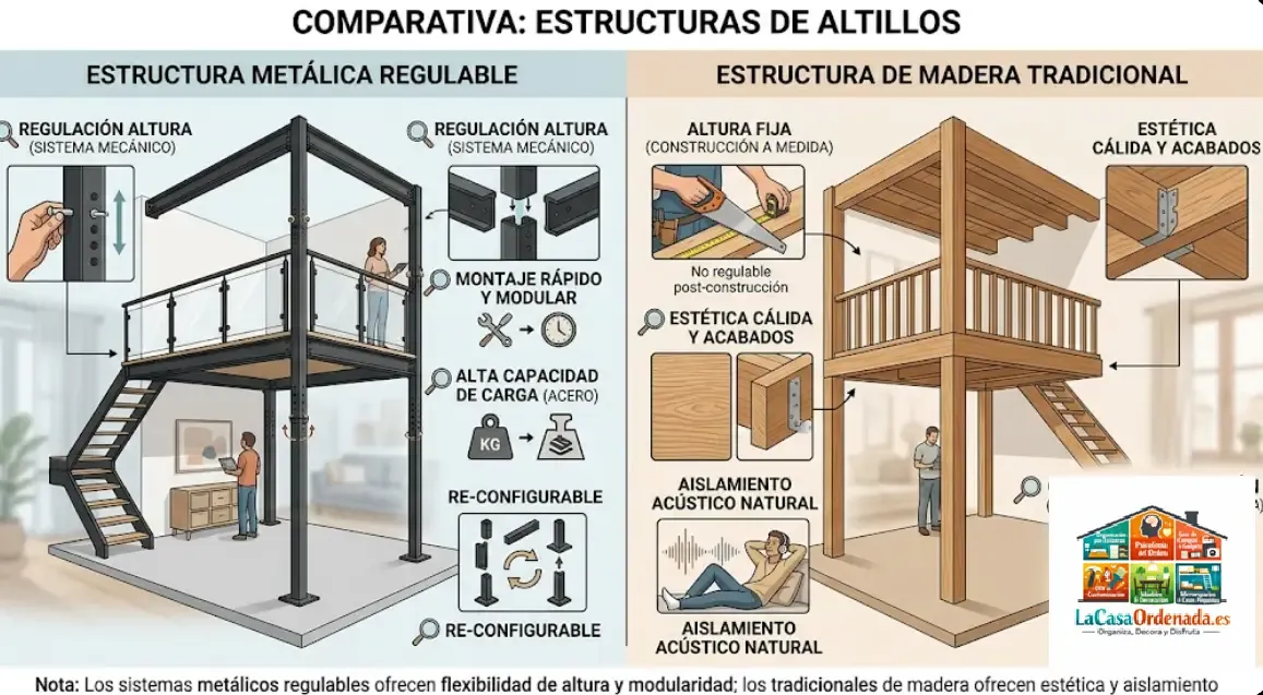 Comparativa entre estructura metálica regulable y estructura de madera tradicional para altillos