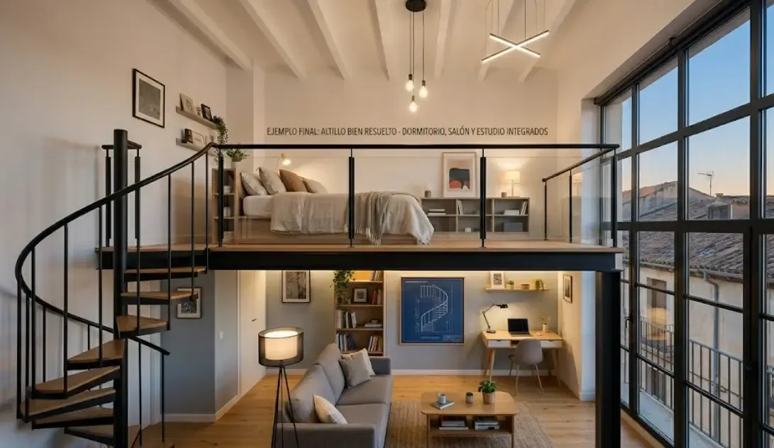 Ejemplo final de un altillo bien resuelto: espacio de dormitorio arriba con barandilla de metacrilato, escalera fija compacta y zona de salón debajo perfectamente aprovechada