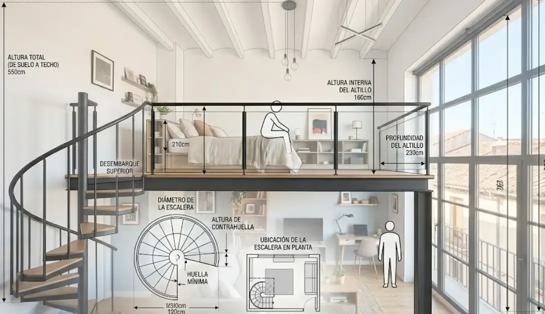 Diagrama que muestra las medidas clave de un altillo: altura total, altura libre bajo el altillo, altura interna del altillo y ubicación de escalera