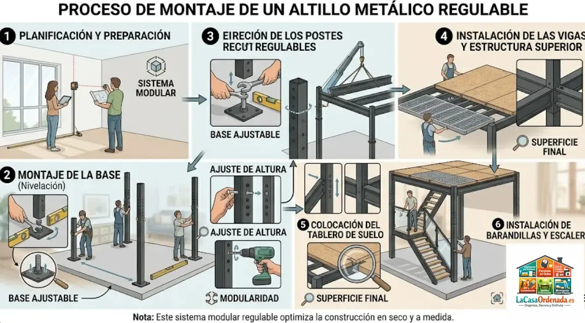 Proceso de montaje de un altillo con estructura metálica regulable, mostrando los postes ajustables y el tablero de suelo