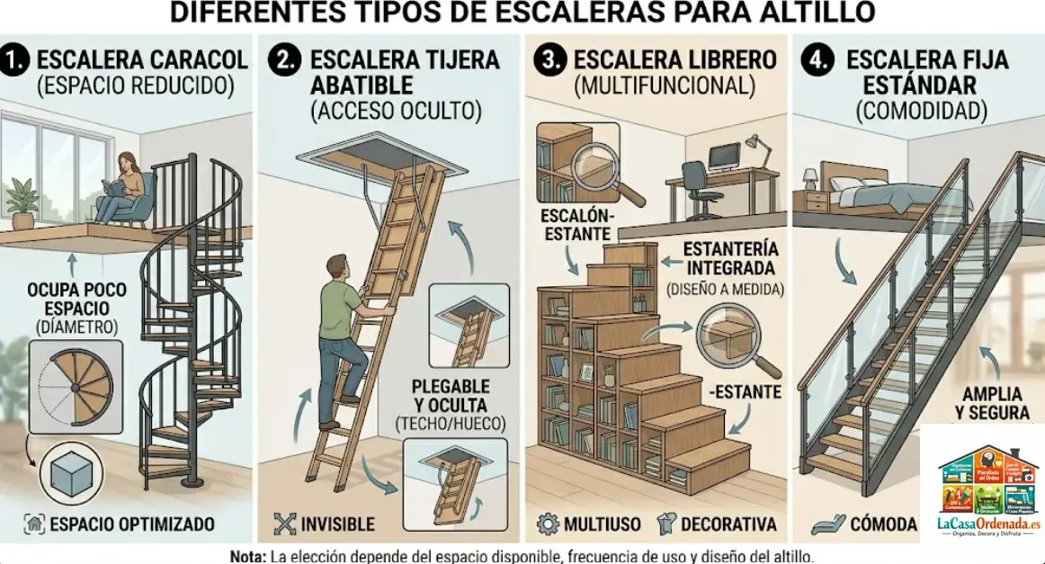 Diferentes tipos de escaleras para altillo: caracol, tijera abatible, librero y fija estándar
