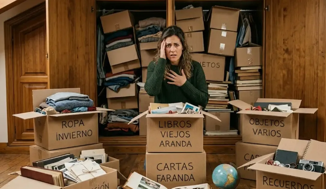 Persona frente a un armario lleno de cajas, con expresión de agobio