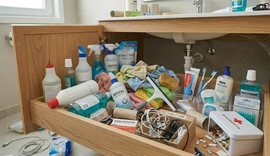 interior caótico de un mueble de baño sin organizar