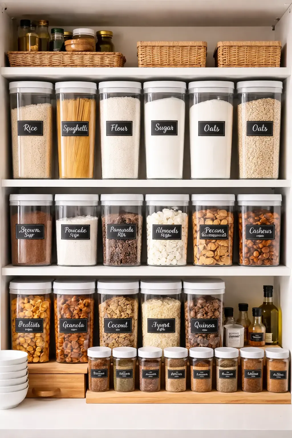 Botes transparentes etiquetados organizados en despensa