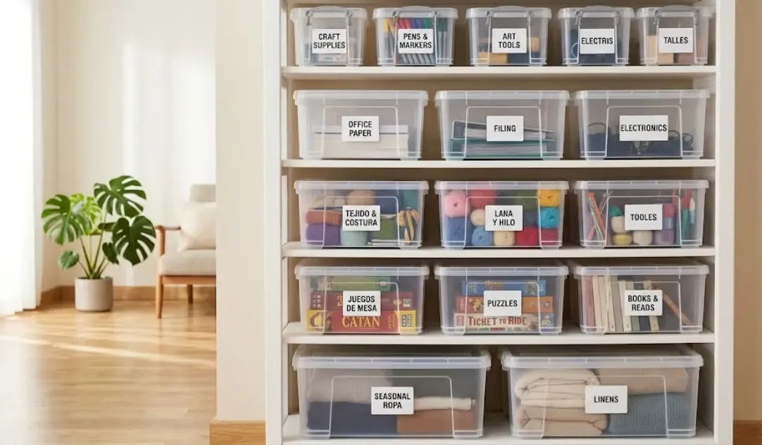 Cajas transparentes de almacenamiento ordenadas en una estantería