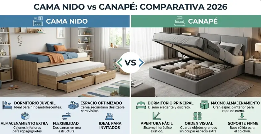 ¿Cama nido o canapé? Analizamos pros, contras, precios y casos reales para que elijas bien según tu espacio. Incluye tabla, medidas y errores.