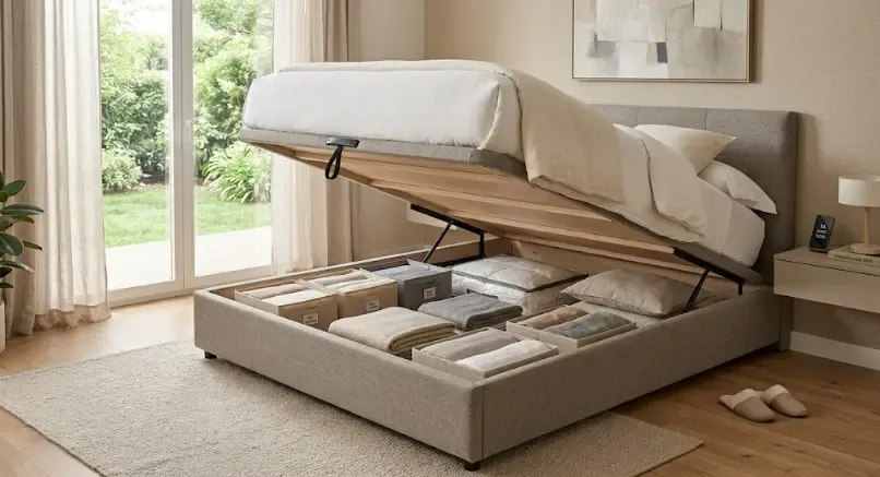 canapé abatible abierto mostrando interior con almacenaje ropa temporada maletas 2026