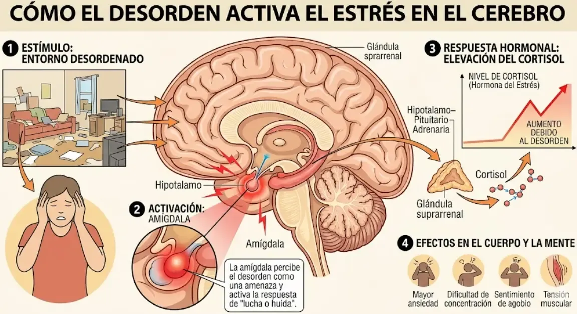 Ilustración del cerebro humano con áreas resaltadas mostrando cómo el desorden activa la amígdala y eleva el cortisol