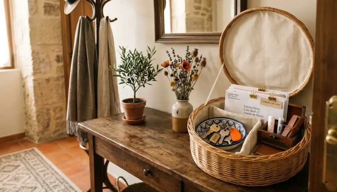 Cesta de mimbre con tapa en una entrada, conteniendo llaves, correo y pequeños objetos de forma ordenada visualmente