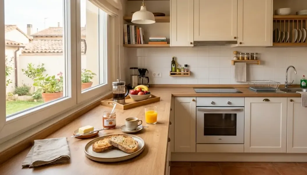 Cocina ordenada y despejada lista para el desayuno de la mañana