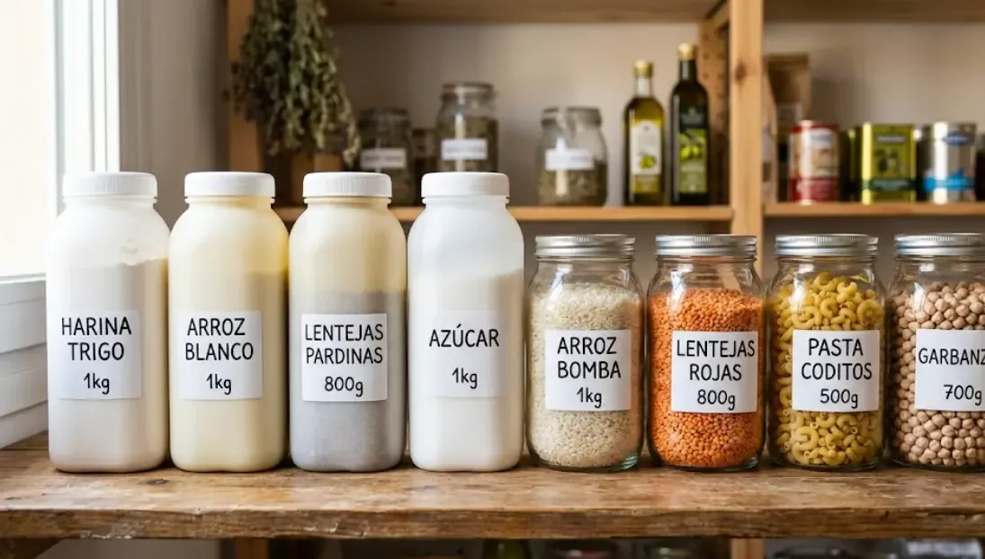 Botes de plástico opaco junto a botes de vidrio transparente, mostrando la diferencia de visibilidad del contenido