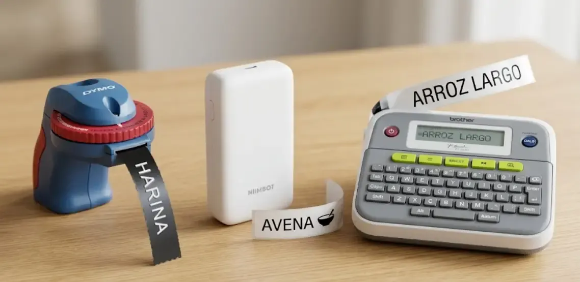 Comparativa visual entre etiquetadora manual Dymo Omega, electrónica Bluetooth Niimbot D11 y electrónica con teclado Brother P-touch PT-D210