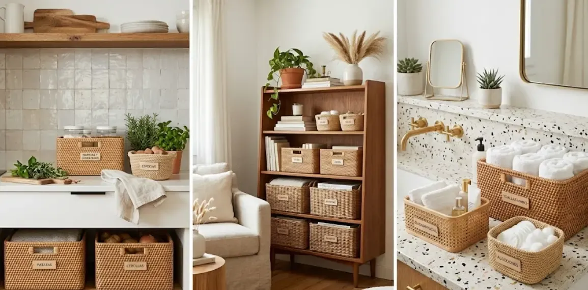 Composición final de los tres tipos de contenedores en diferentes estancias de la casa, mostrando una organización armoniosa