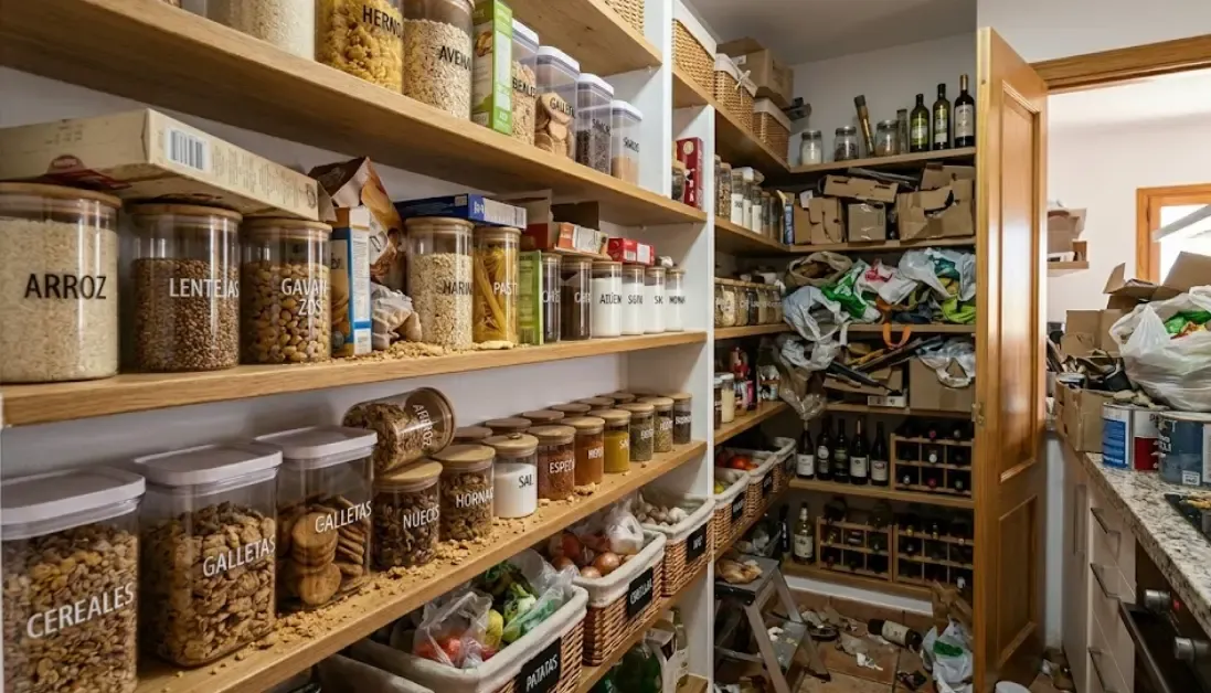 Despensa desordenada con alimentos al fondo inaccesible