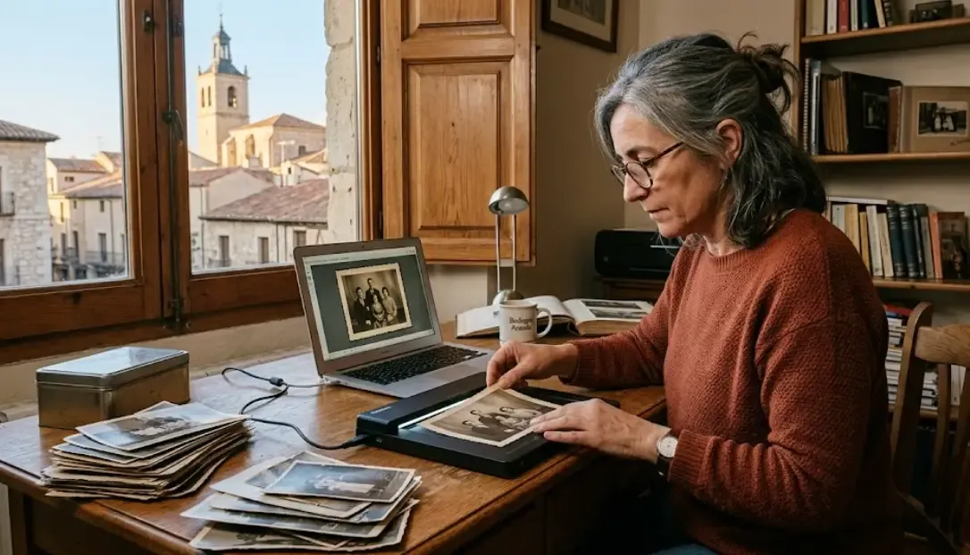 Persona escaneando fotografías antiguas con un escáner portátil