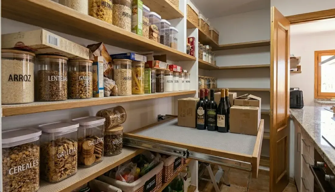 Estante deslizante instalado en una despensa profunda