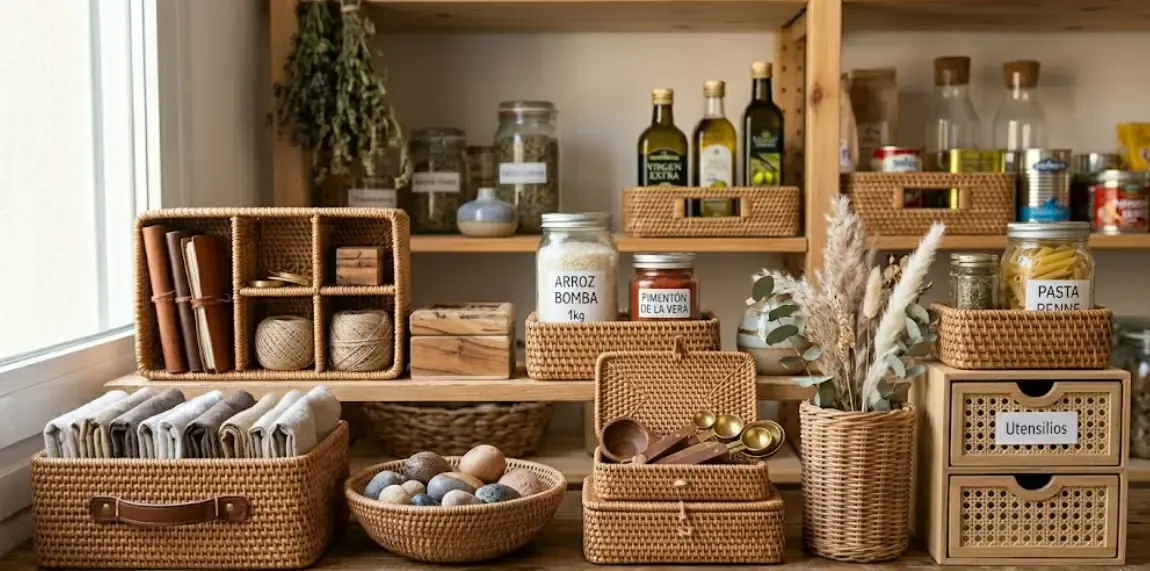 Estantería abierta con cestas de ratán y mimbre, organizadas y con estilo, mostrando cómo integrar almacenaje decorativo