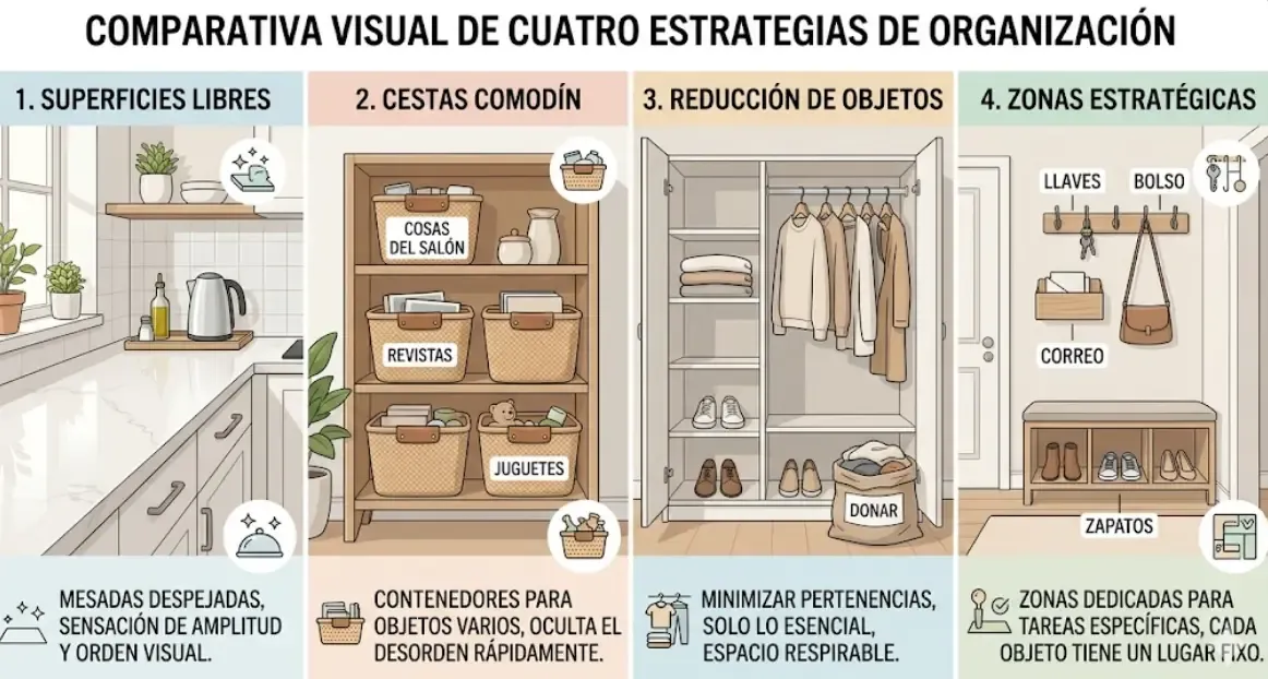 Comparativa visual de las cuatro estrategias de organización: superficies libres, cestas comodín, reducción de objetos y zonas estratégicas