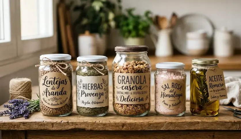 Etiquetas DIY en botes de cristal con hand lettering sobre mostrador de madera. Ejemplo de letras blancas con Posca sobre vidrio, mostrando coherencia estilística y contraste con la madera.