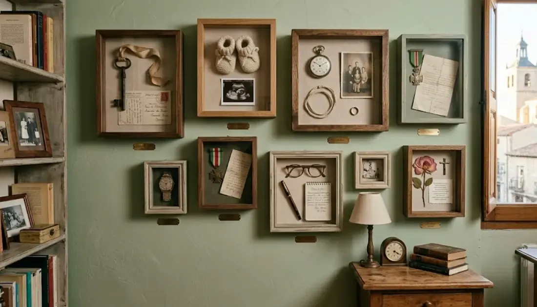 Pared decorada con shadow boxes que contienen objetos sentimentales