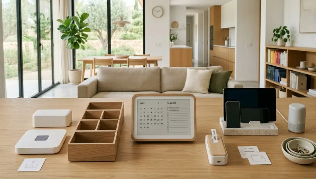 Colección de accesorios y gadgets modernos para la organización del hogar