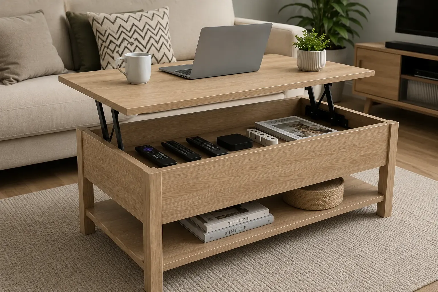 Mesa elevable tipo Homcom con tablero elevado y compartimento interior visible