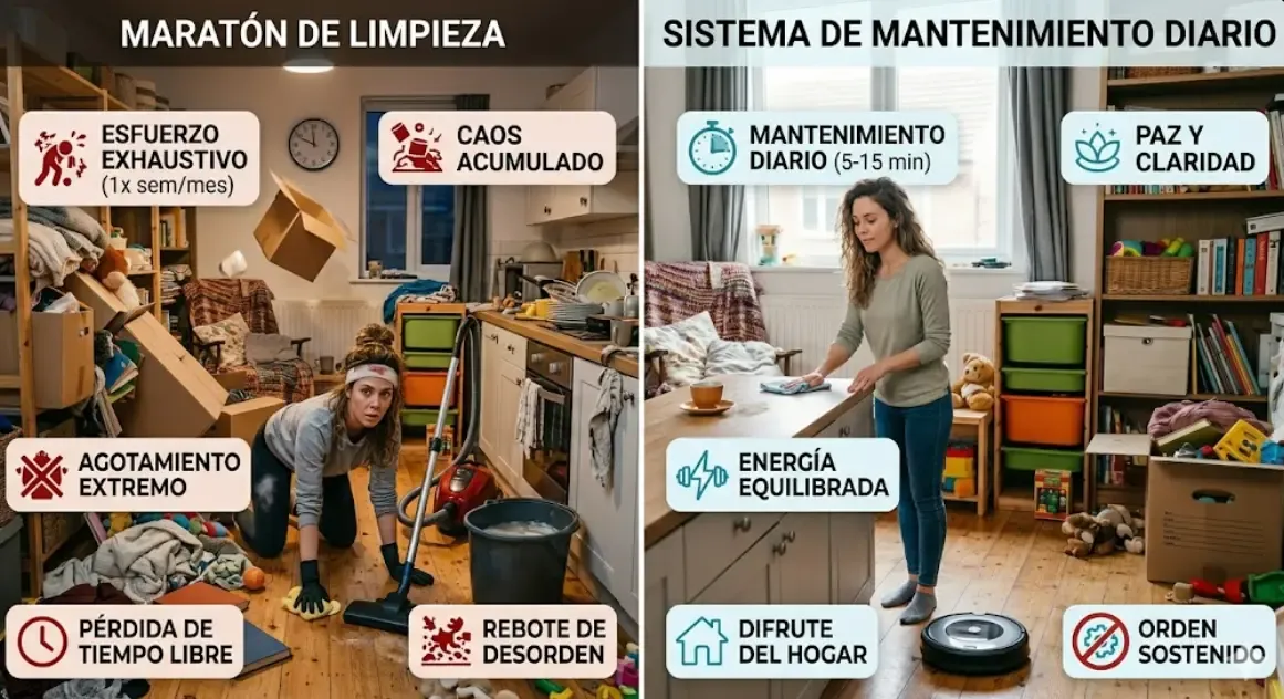 Comparativa visual entre maratón de limpieza y sistema de mantenimiento diario