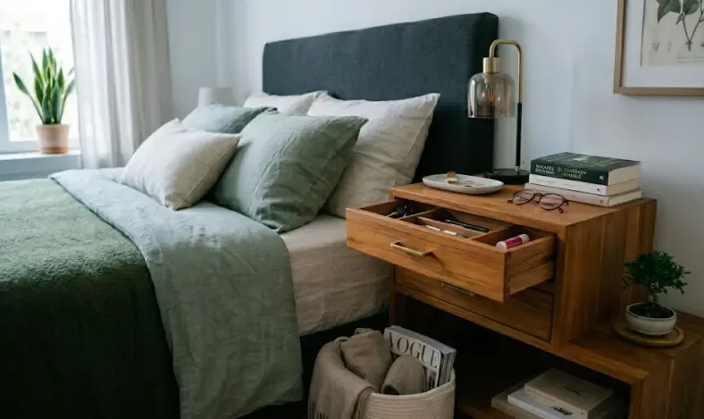 Mesita de noche organizada con el Método 3Z: superficie limpia y cajón dividido por categorías con bandeja de transición