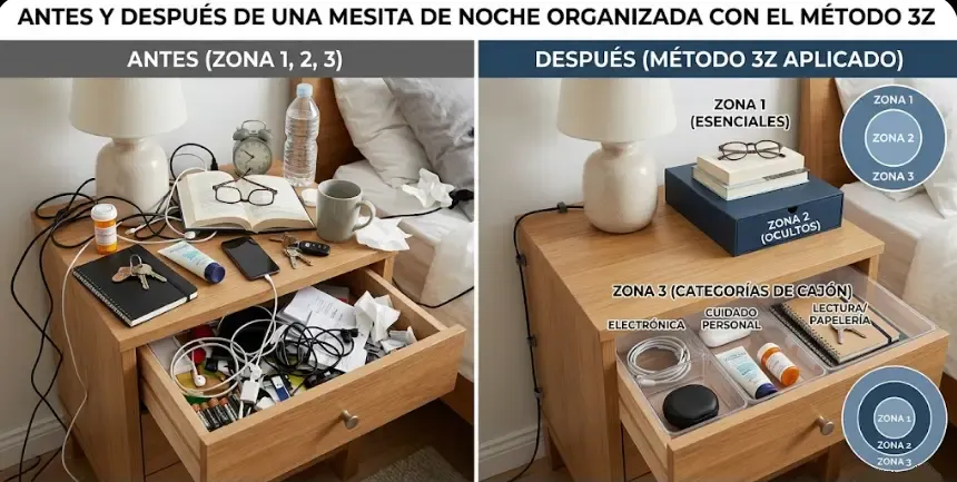 Antes y después de una mesita de noche organizada aplicando el Método 3Z: de 12 objetos y cables sueltos a una superficie limpia y un cajón ordenado por categorías