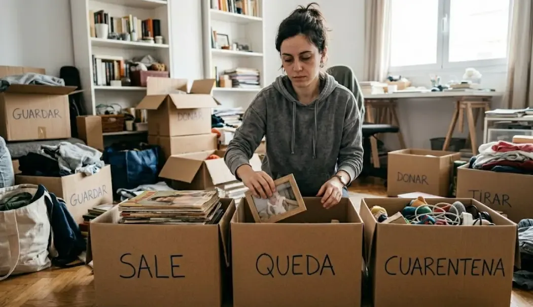 Tres cajas etiquetadas para organizar: "Queda", "Sale" y "Cuarentena" durante una sesión de orden en casa