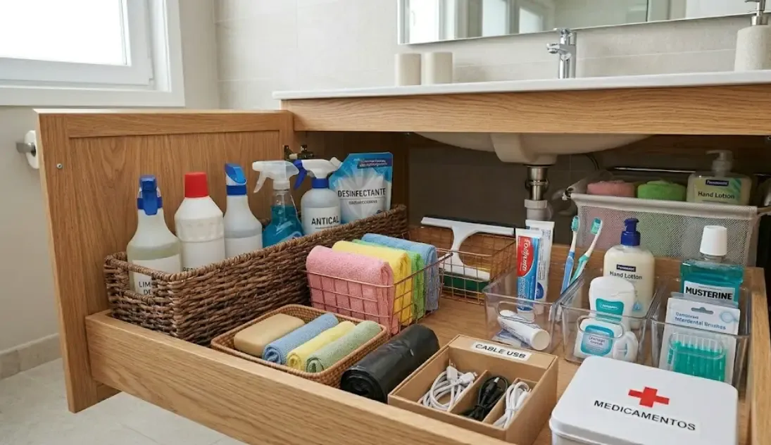 Mueble bajo lavabo organizado con bandejas y cestas