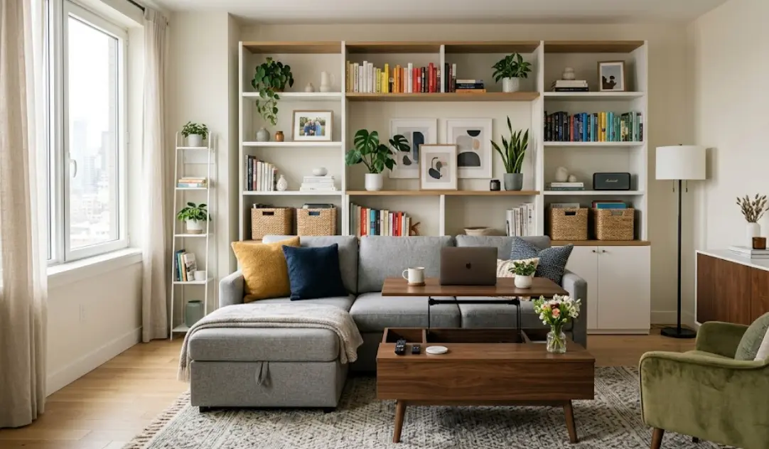 Salón moderno con muebles multifuncionales y decoración organizada