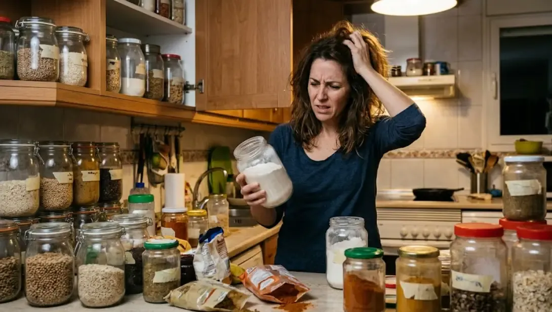 Mujer estresada organizando botes en la cocina sin etiquetas, reflejando la frustración previa al uso de una buena etiquetadora