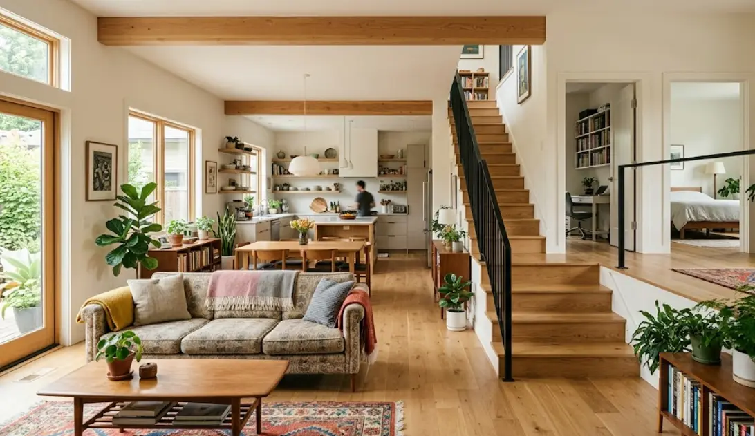 Vista de una casa organizada con diferentes estancias conectadas