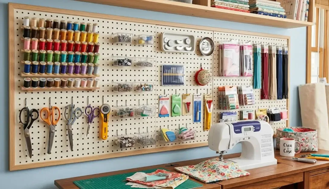 Tablero perforado con accesorios de costura organizados en la pared