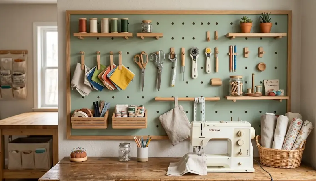 Tablero perforado pintado en verde salvia con accesorios de madera para zona de costura