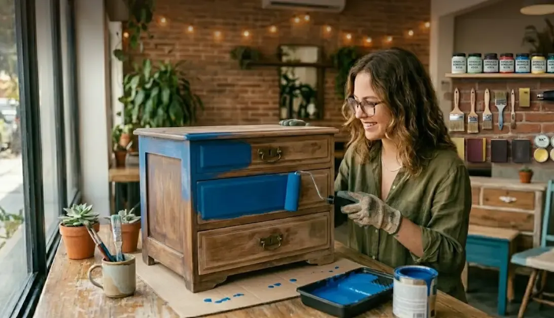 Rodillo de espuma aplicando esmalte acrílico azul sobre cómoda