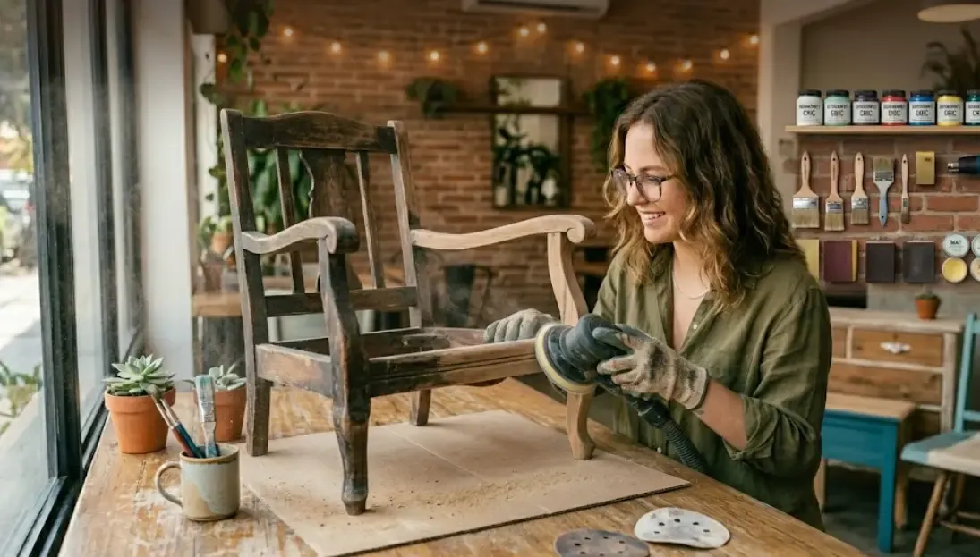 Mujer lijando un mueble viejo de madera barnizada