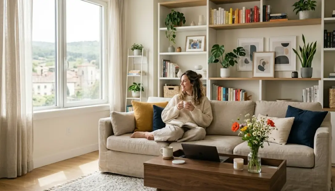 Persona disfrutando de la calma en una habitación ordenada y luminosa