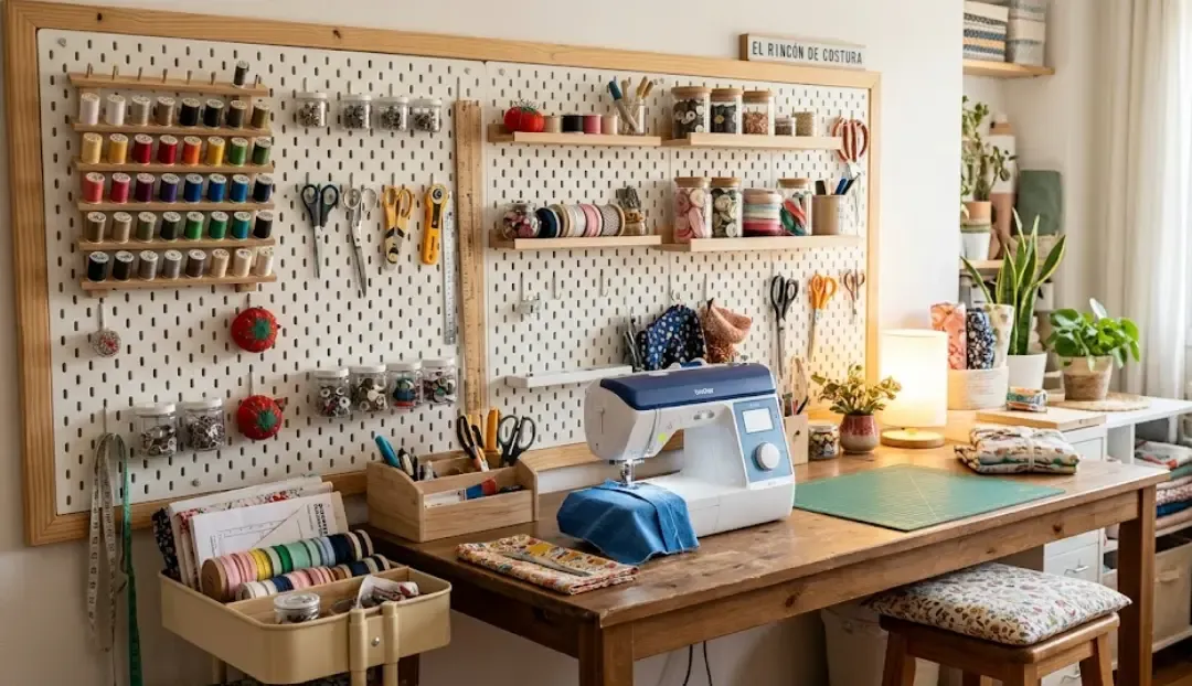 Rincón de costura pequeño con pegboard y organización completa en pared