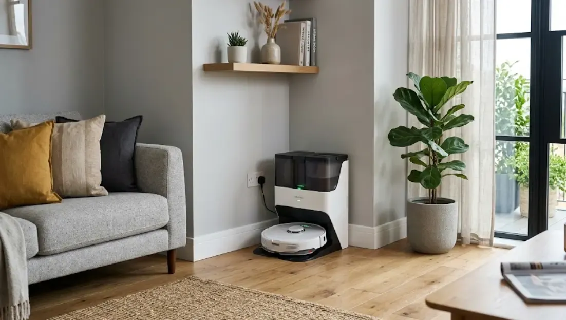 Robot aspirador con estación de vaciado automático en esquina de salón moderno