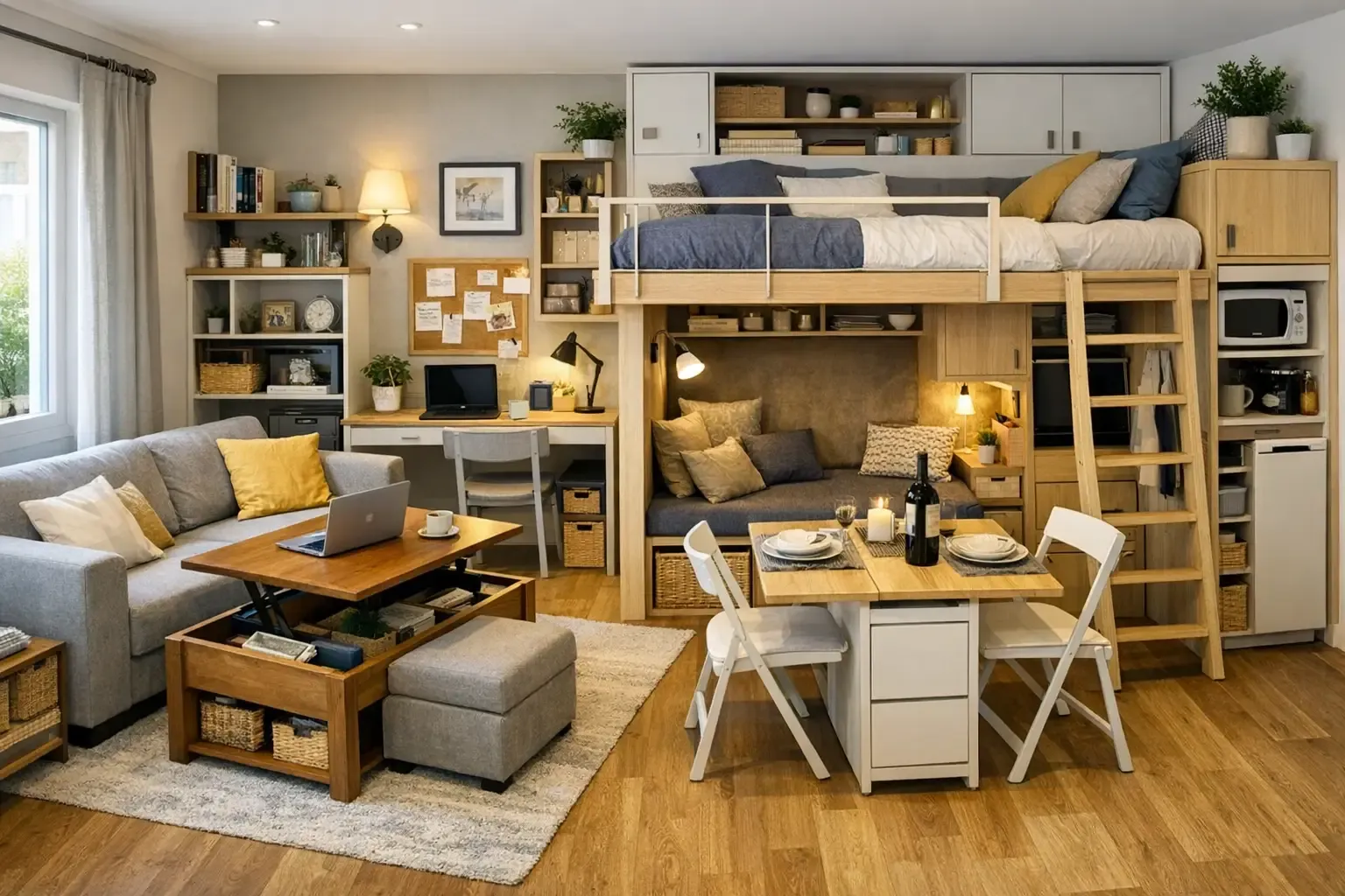 Salón pequeño de 30m² perfectamente organizado con muebles multifuncionales y zonas bien definidas