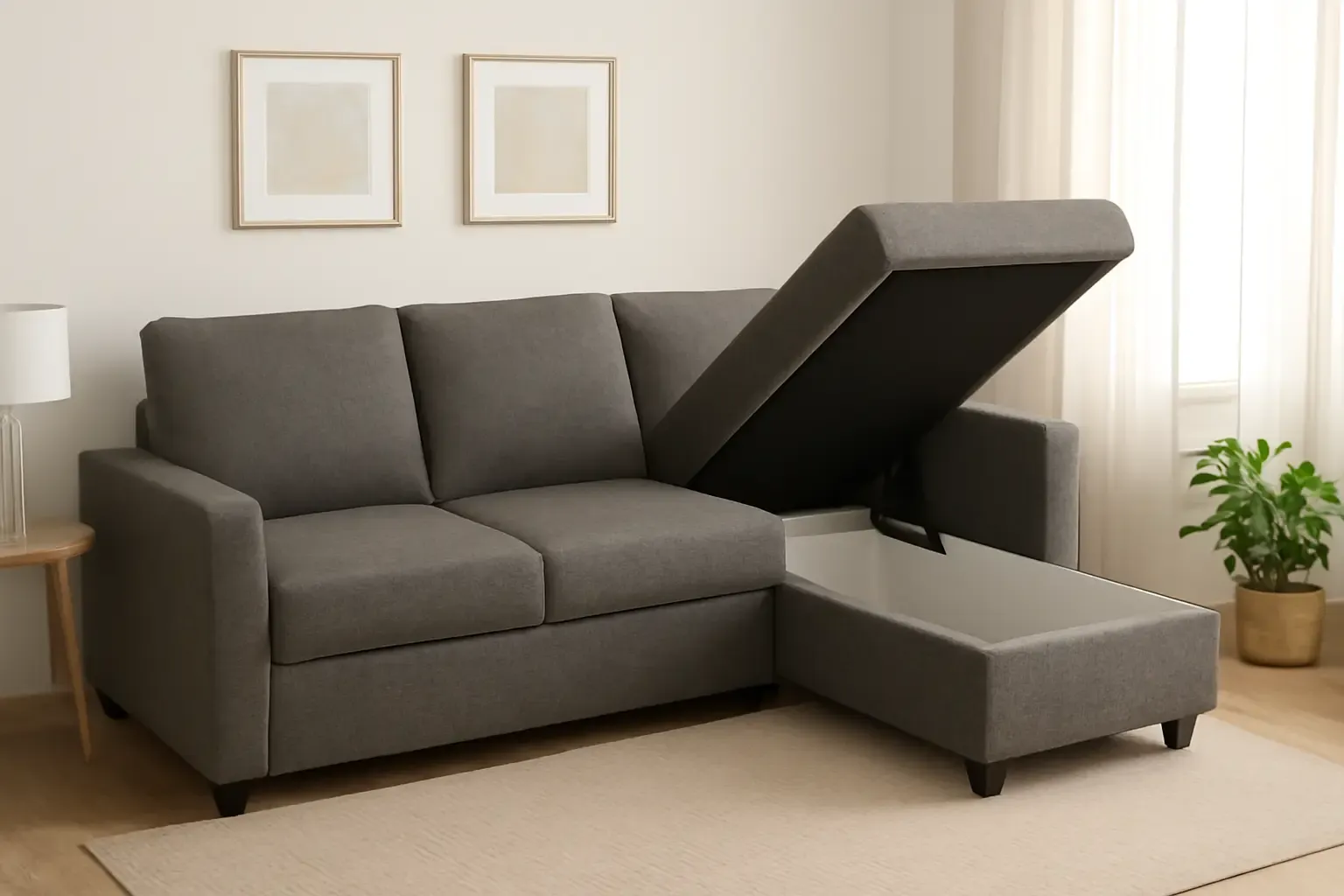 Salón con un sofá cama de chaise longue, mostrando el arcón abierto y el espacio de almacenaje interior