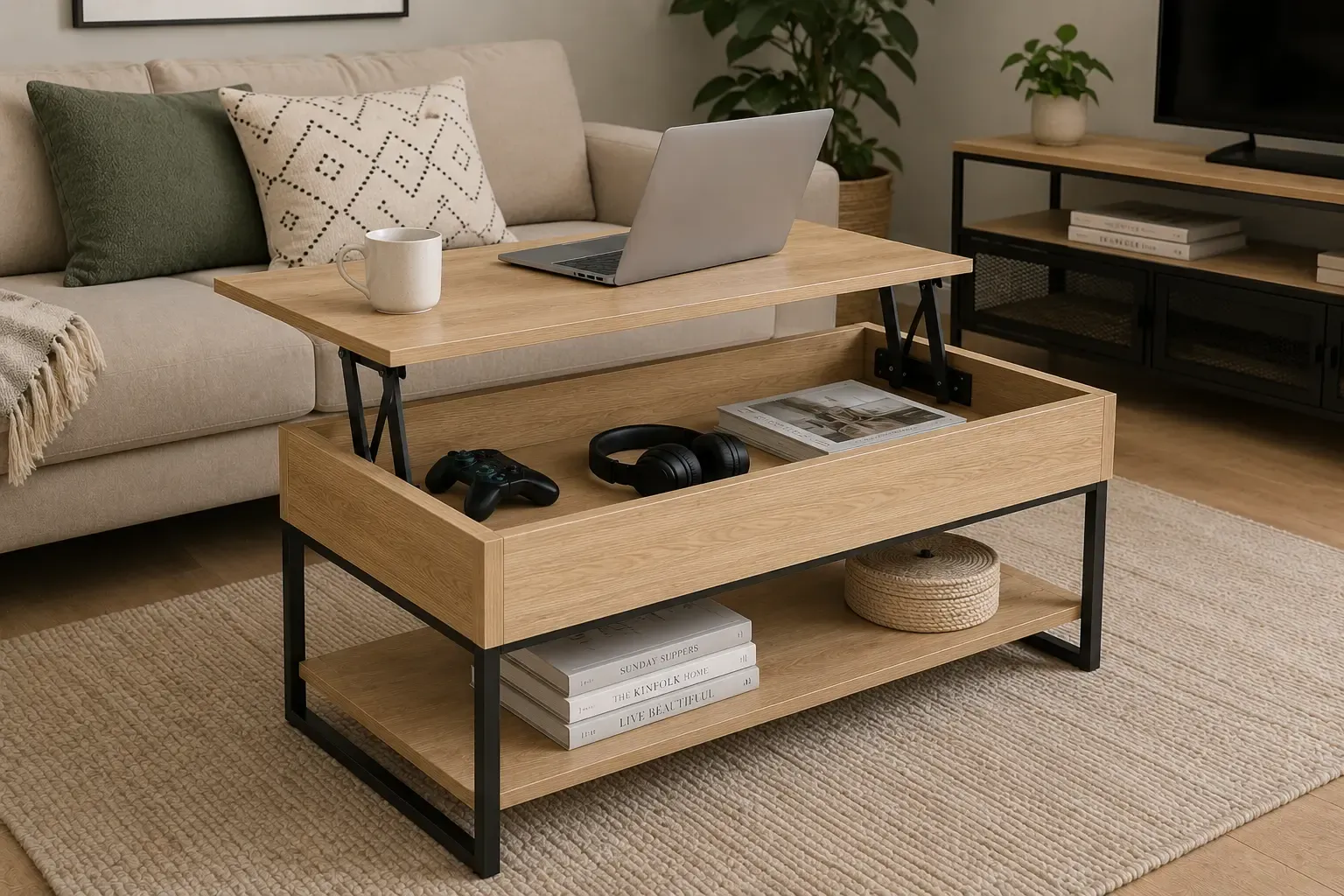 Mesa elevable tipo Vasagle estilo nórdico con patas metálicas