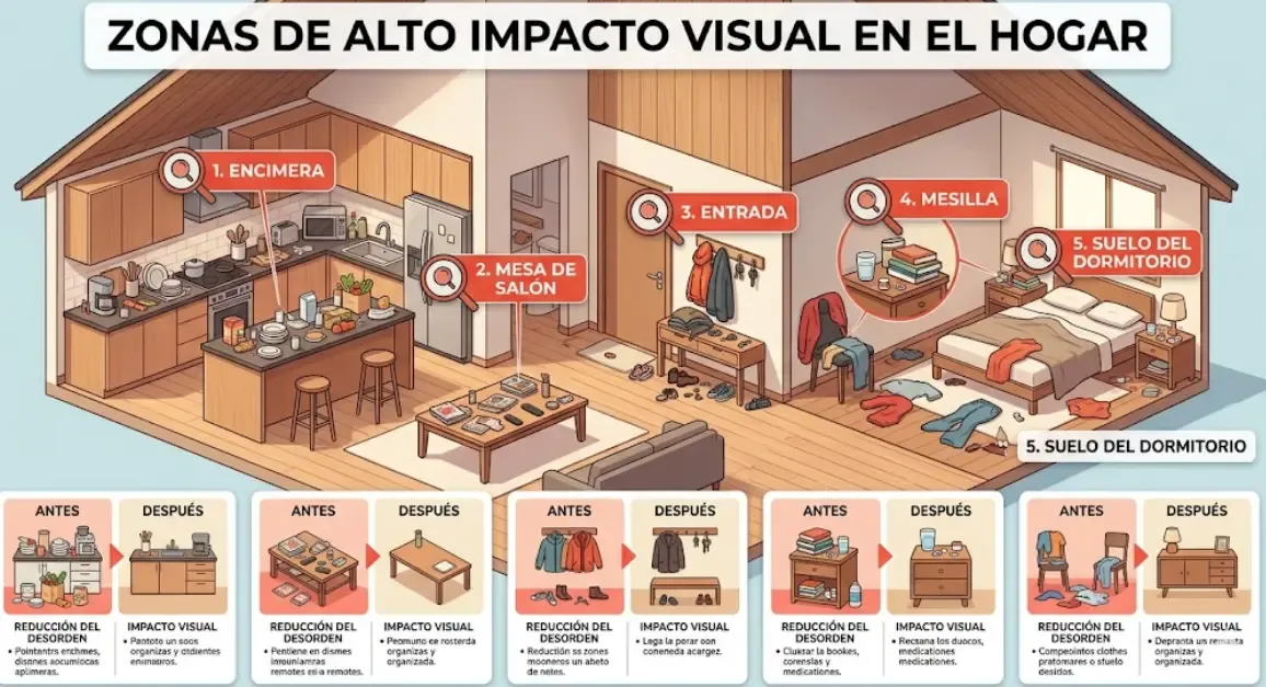 Infografía de una casa con las zonas de alto impacto visual señaladas: encimera, mesa de salón, entrada, mesilla y suelo del dormitorio
